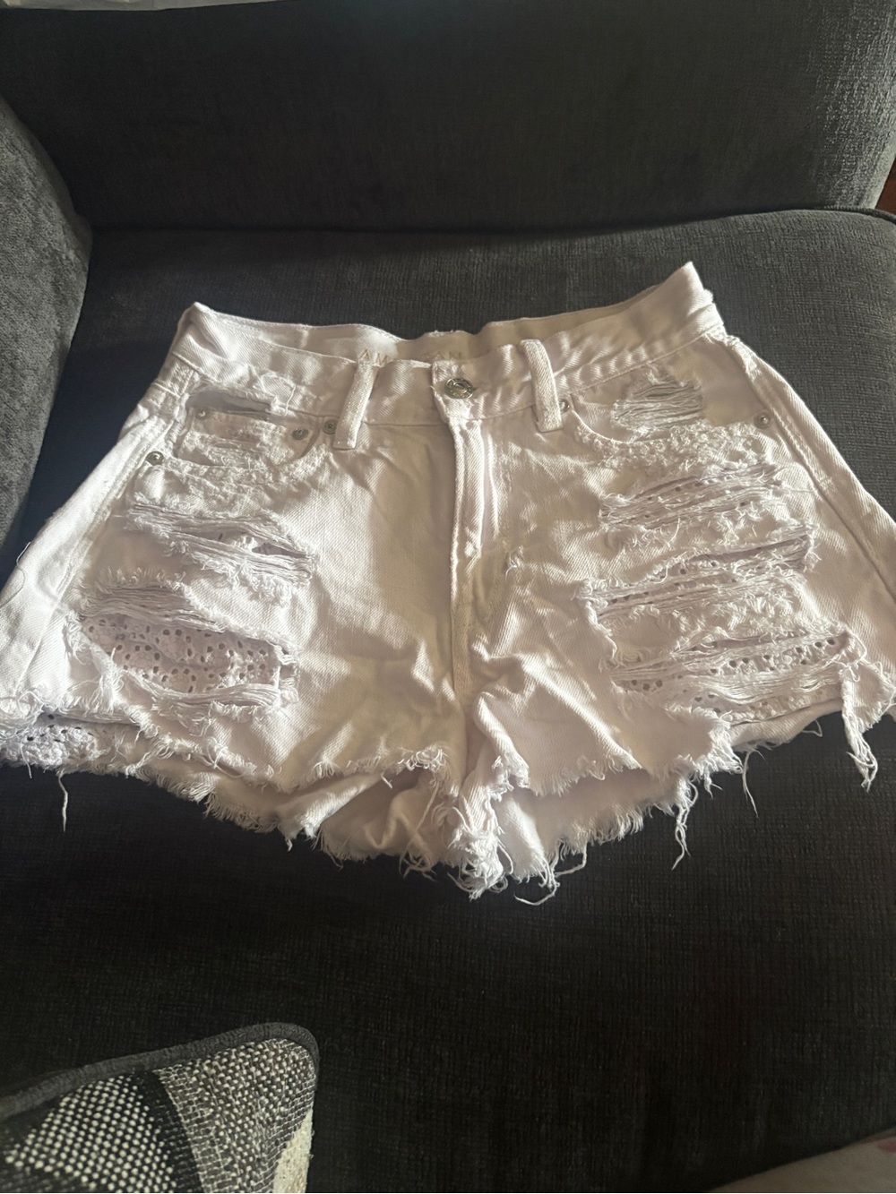 American Eagle Outfitters White Distressed Lace-Panel Denim Shorts